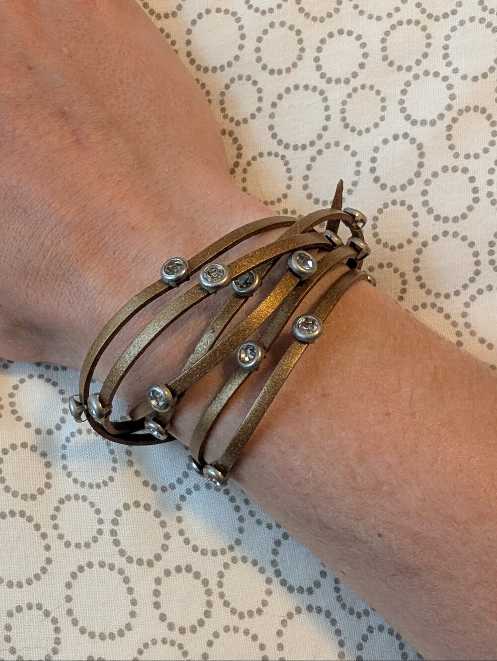 Multi-Row Bronze Leather Wrap Bracelet with Crystal Accents